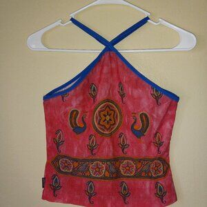 Blue-Lined Criss-Cross "Peacocks and Flowers" Tank Women's S